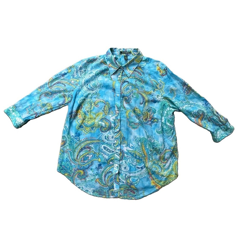 Lauren Ralph Lauren Women's 1X Paisley 100% Cotton 3/4 Sleeve Button Up Shirt